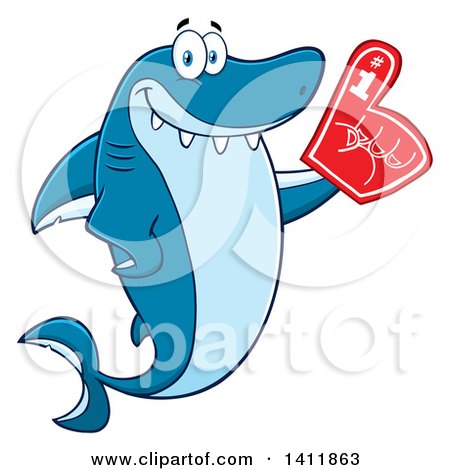 Clipart of a Cartoon Happy Shark Mascot Character Wearing a Foam Finger - Royalty Free Vector Illustration by Hit Toon