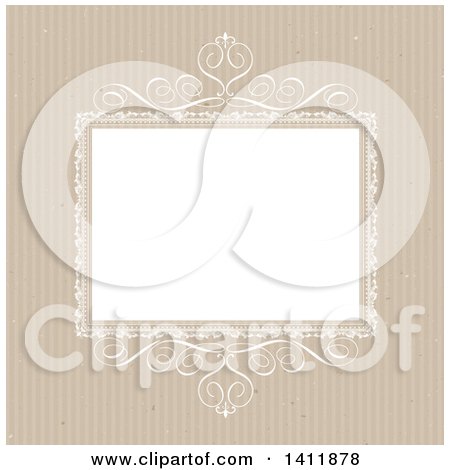 Clipart of a White Ornate Wedding Invitation Template Frame over Brown Stripes - Royalty Free Vector Illustration by KJ Pargeter