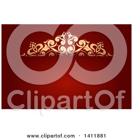 Clipart of a Background or Business Card Design with Ornate Gold Foliage on Red - Royalty Free Vector Illustration by KJ Pargeter