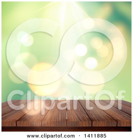 Clipart of a 3d Wood Deck or Table Against a Blurry Green Background with Flares - Royalty Free Illustration by KJ Pargeter