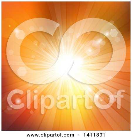 Clipart of a Background of a Burst of Sunshine on Orange - Royalty Free Vector Illustration by KJ Pargeter