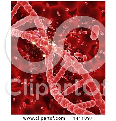 Clipart of a Red Background of a 3d Dna Strand, Blood Cells and Bacteria - Royalty Free Illustration by KJ Pargeter