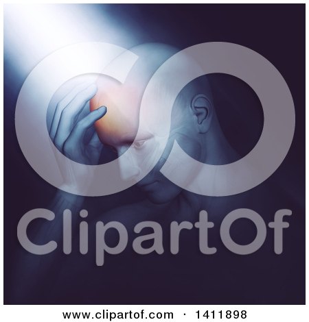 Clipart of a 3d Anatomical Man with a Glowing Headache, and Barely Visible Muscles, in Dramatic Lighting - Royalty Free Illustration by KJ Pargeter