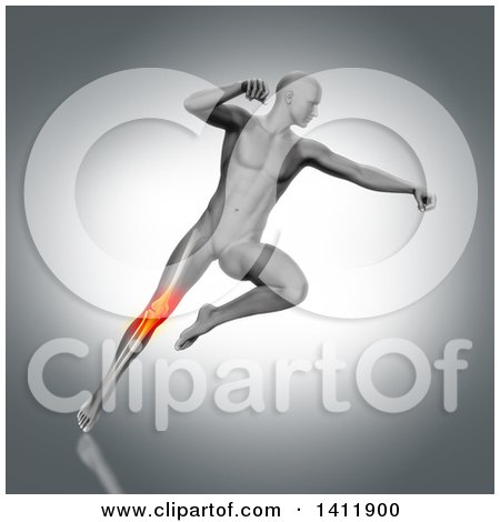 Clipart of a 3d Anatomical Man Fighting and Jumping, with Visible Leg Bones and Highlighted Knee Pain, on Gray - Royalty Free Illustration by KJ Pargeter