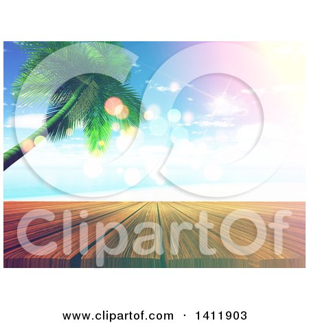 Clipart of a 3d Tropical Beach with a Palm Tree and Deck with Flares - Royalty Free Illustration by KJ Pargeter
