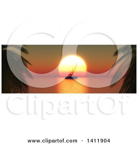 Clipart of a Silhoeutted Yacht and 3d Orange Ocean Sunset Framed by Palm Trees - Royalty Free Illustration by KJ Pargeter