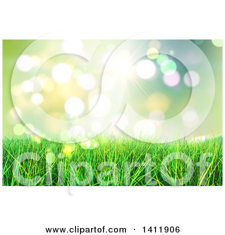 Clipart of a Background of 3d Grass Against Bokeh Flares - Royalty Free Illustration by KJ Pargeter