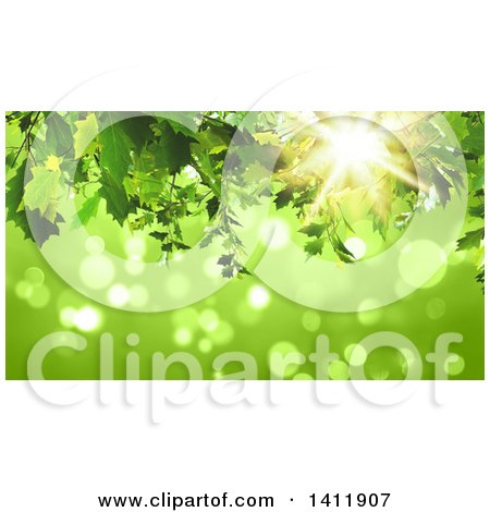 Clipart of a Background of 3d Green Leaves over Flares - Royalty Free Illustration by KJ Pargeter