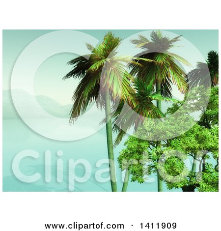 Clipart of a 3d Landscape of a Tropical Bay with Mountains and Palm Trees - Royalty Free Illustration by KJ Pargeter