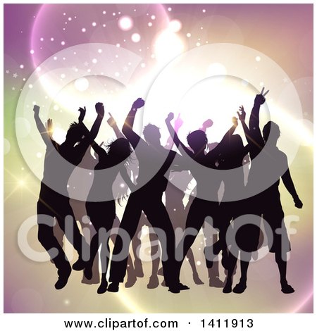 Clipart of a Group of Silhouetted People Dancing over Lights - Royalty Free Vector Illustration by KJ Pargeter