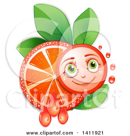 Clipart of a Pink Grapefruit Character with a Juicy Slice over Leaves - Royalty Free Vector Illustration by merlinul
