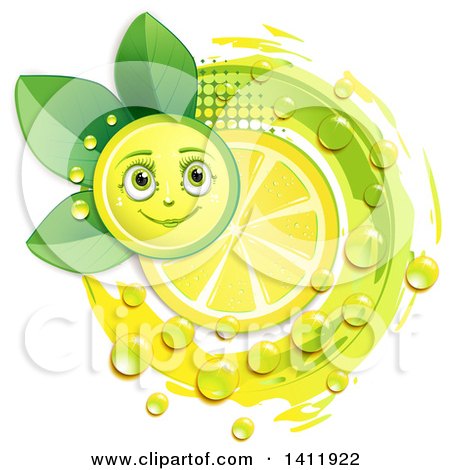 Clipart of a Lemon Character with a Slice, Drops and Leaves - Royalty Free Vector Illustration by merlinul