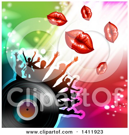 Clipart of a Vinyl Record with Silhouetted Dancers and Lips over Colorful Lights - Royalty Free Vector Illustration by merlinul