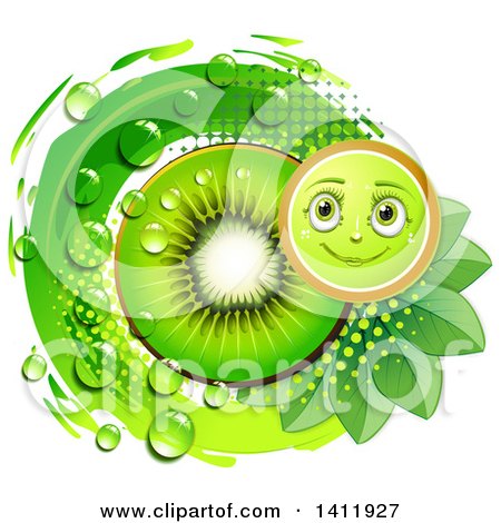 Clipart of a Kiwi Fruit Character with a Slice, Drops and Leaves - Royalty Free Vector Illustration by merlinul