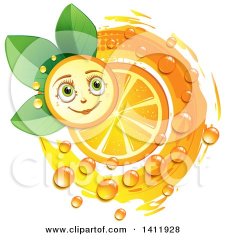 Clipart of a Navel Orange Character with a Slice, Drops and Leaves - Royalty Free Vector Illustration by merlinul