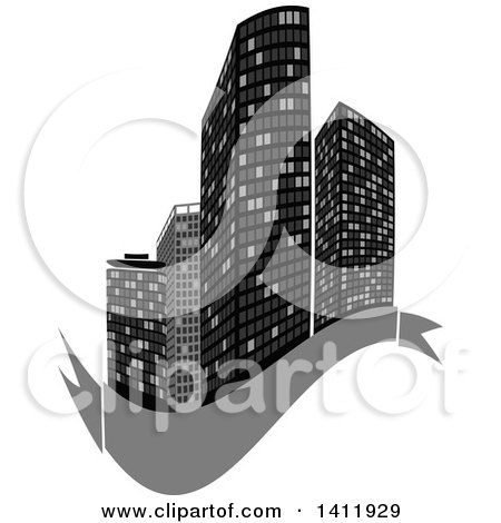 Clipart of a Design of City Highrise Skyscraper Buildings with a Blank Gray Banner - Royalty Free Vector Illustration by dero