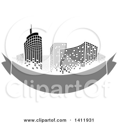 Clipart of a Design of City Highrise Skyscraper Buildings with a Blank Gray Banner - Royalty Free Vector Illustration by dero