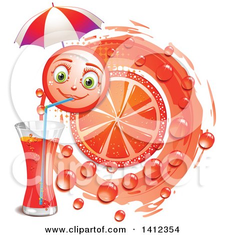Clipart of a Pink Grapefruit Character Drinking Juice over Leaves - Royalty Free Vector Illustration by merlinul