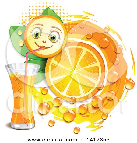 Clipart of a Navel Orange Character Drinking Juice, with Drops and Leaves - Royalty Free Vector Illustration by merlinul