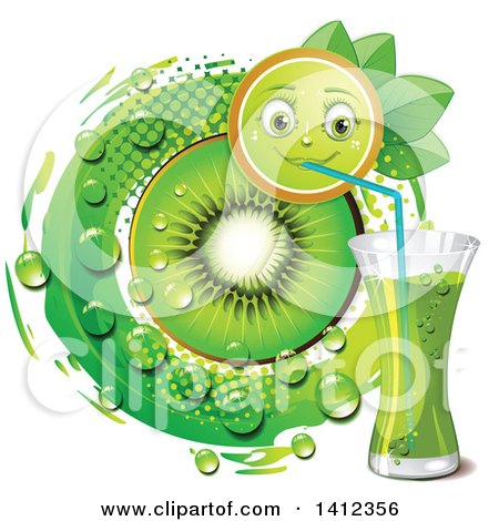 Clipart of a Kiwi Fruit Character Drinking Juice, with a Slice, Drops and Leaves - Royalty Free Vector Illustration by merlinul