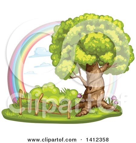 Clipart of a Mature Tree with a Hollow and Wood Fence Against a Rainbow - Royalty Free Vector Illustration by merlinul