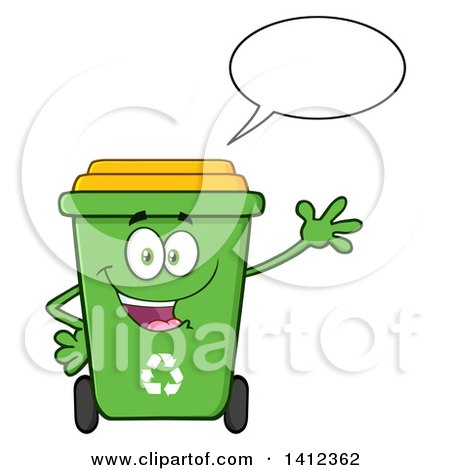 Clipart of a Cartoon Green Recycle Bin Character Waving and Talking - Royalty Free Vector Illustration by Hit Toon