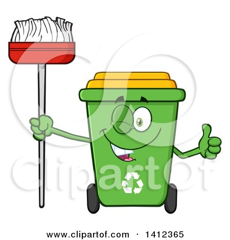 Clipart of a Cartoon Green Recycle Bin Character Winking, Giving a Thumb up and Holding a Broom - Royalty Free Vector Illustration by Hit Toon