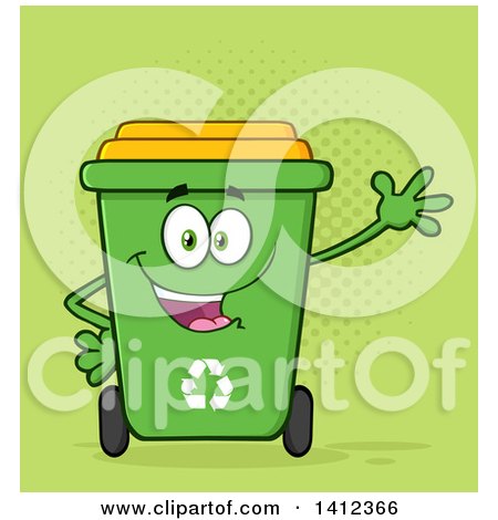 Clipart of a Cartoon Green Recycle Bin Character Waving over Halftone - Royalty Free Vector Illustration by Hit Toon