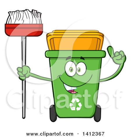 Clipart of a Cartoon Green Recycle Bin Character Holding up a Finger and a Broom - Royalty Free Vector Illustration by Hit Toon