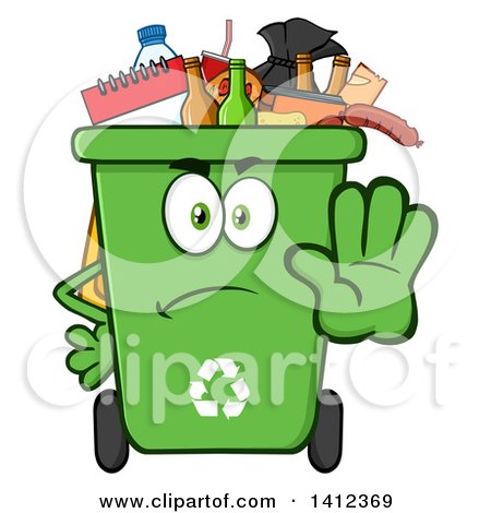 Clipart of a Cartoon Angry Green Recycle Bin Character Full of Garbage, Gesturing Stop - Royalty Free Vector Illustration by Hit Toon