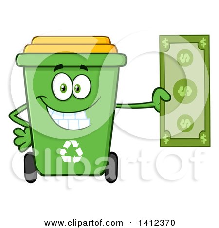 Clipart of a Cartoon Green Recycle Bin Character Holding Cash Money - Royalty Free Vector Illustration by Hit Toon