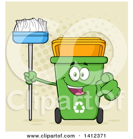 Clipart of a Cartoon Green Recycle Bin Character Holding a Broom and Pointing at You over Halftone - Royalty Free Vector Illustration by Hit Toon