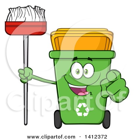 Clipart of a Cartoon Green Recycle Bin Character Holding a Broom and Pointing at You - Royalty Free Vector Illustration by Hit Toon