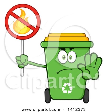 Clipart of a Cartoon Green Recycle Bin Character Gesturing Stop and Holding a Fire Sign - Royalty Free Vector Illustration by Hit Toon