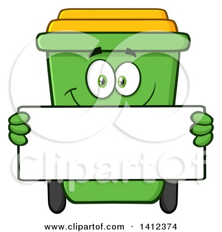 Clipart of a Cartoon Green Recycle Bin Character Holding a Blank Sign - Royalty Free Vector Illustration by Hit Toon