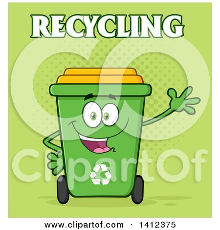 Clipart of a Cartoon Green Recycle Bin Character Waving, with Text over Halftone - Royalty Free Vector Illustration by Hit Toon