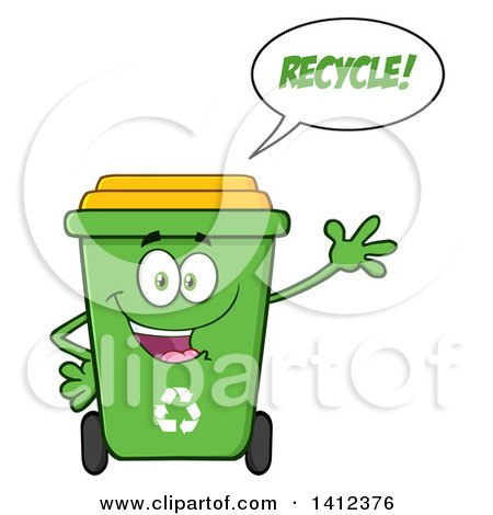 Clipart of a Cartoon Green Recycle Bin Character Waving and Talking - Royalty Free Vector Illustration by Hit Toon