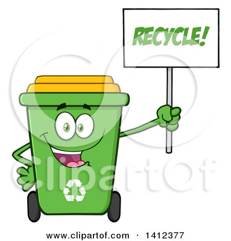 Clipart of a Cartoon Green Recycle Bin Character Holding up a Sign - Royalty Free Vector Illustration by Hit Toon