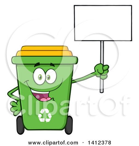 Clipart of a Cartoon Green Recycle Bin Character Holding up a Blank Sign - Royalty Free Vector Illustration by Hit Toon