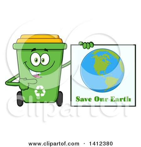 Clipart of a Cartoon Green Recycle Bin Character Holding a Save Our Earth Sign - Royalty Free Vector Illustration by Hit Toon
