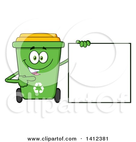 Clipart of a Cartoon Green Recycle Bin Character Pointing to a Blank Sign - Royalty Free Vector Illustration by Hit Toon