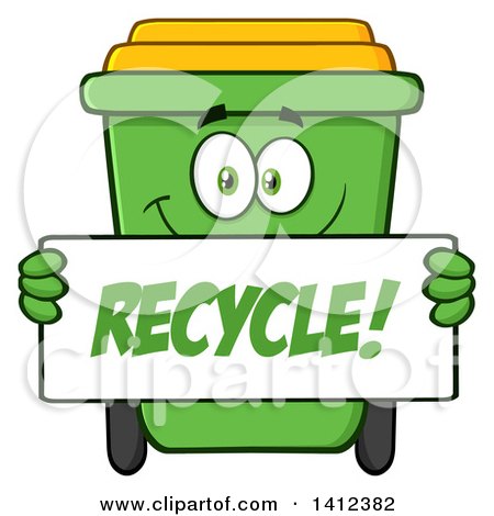 Clipart of a Cartoon Green Recycle Bin Character Holding a Sign - Royalty Free Vector Illustration by Hit Toon