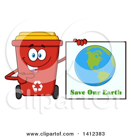 Clipart of a Cartoon Red Recycle Bin Character Holding a Save Our Earth Sign - Royalty Free Vector Illustration by Hit Toon