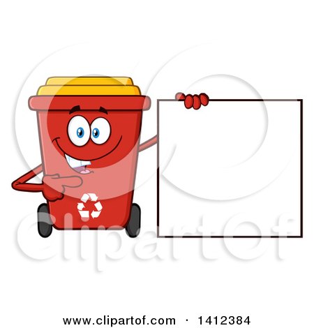 Clipart of a Cartoon Red Recycle Bin Character Pointing to a Sign - Royalty Free Vector Illustration by Hit Toon