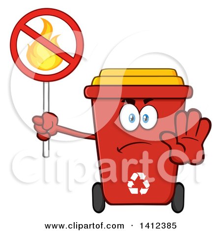 Clipart of a Cartoon Red Recycle Bin Character Gesturing Stop and Holding a Fire Sign - Royalty Free Vector Illustration by Hit Toon