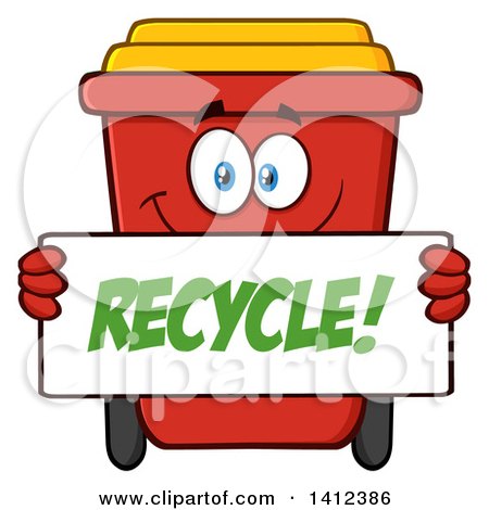 Clipart of a Cartoon Red Recycle Bin Character Holding a Sign - Royalty Free Vector Illustration by Hit Toon