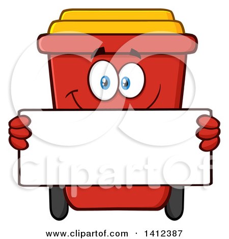 Clipart of a Cartoon Red Recycle Bin Character Holding a Blank Sign - Royalty Free Vector Illustration by Hit Toon