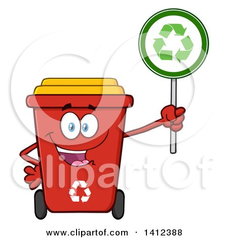 Clipart of a Cartoon Red Recycle Bin Character Holding a Sign - Royalty Free Vector Illustration by Hit Toon