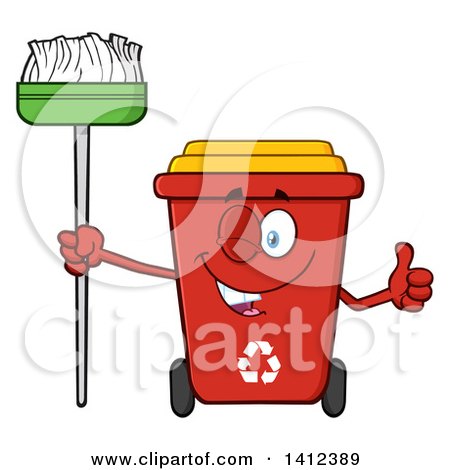 Clipart of a Cartoon Red Recycle Bin Character Winking, Holding a Broom and Giving a Thumb up - Royalty Free Vector Illustration by Hit Toon