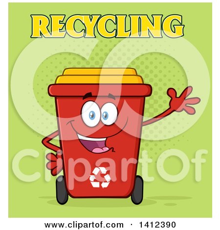 Clipart of a Cartoon Red Recycle Bin Character Waving over Green Halftone - Royalty Free Vector Illustration by Hit Toon